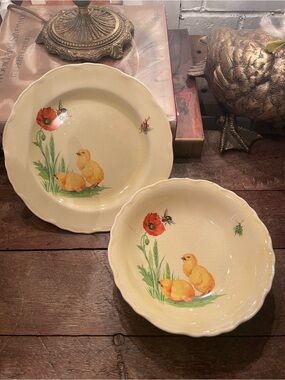 2pc Vintage Canonsburg Pottery plate & bowl / Chick, Poppy, Easter, Bugs